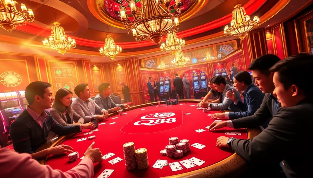 Exciting gameplay at the QQ 88 casino featuring dynamic poker action with chips and cards.