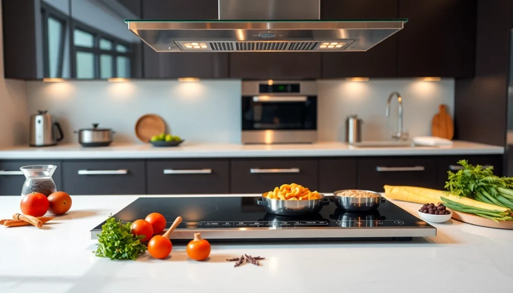 View the best induction hob with integrated extractor, showcasing modern kitchen design and elegant cooking setup.