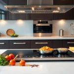 View the best induction hob with integrated extractor, showcasing modern kitchen design and elegant cooking setup.
