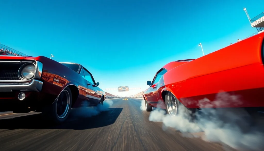 Drag Racing competition between two muscle cars on a racetrack with a cheering crowd.