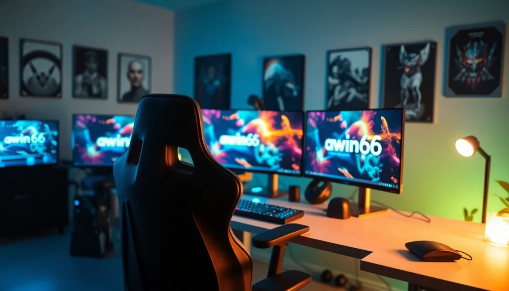 Experience awin66 through a professional gaming setup filled with dynamic visuals and a vibrant atmosphere.
